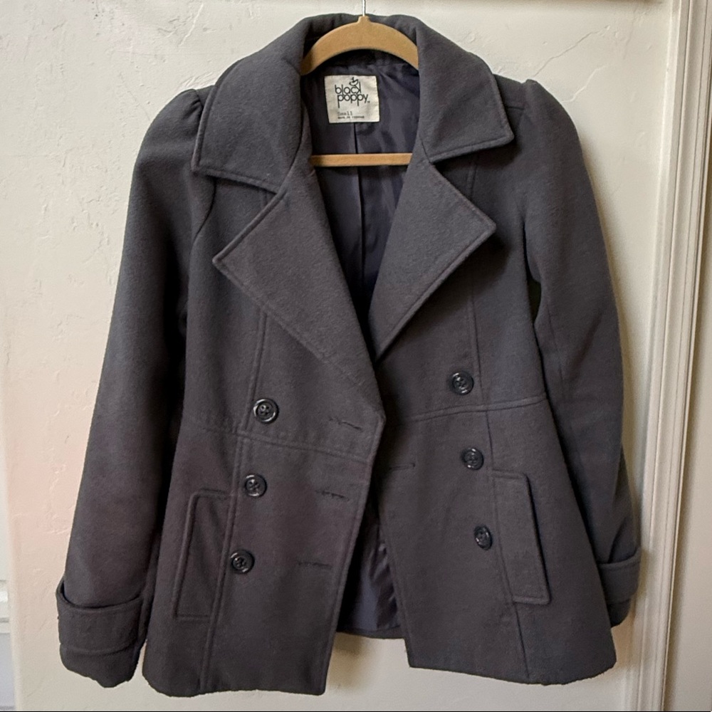 Black Poppy Womens Medium Grey Double-Breasted Peacoat